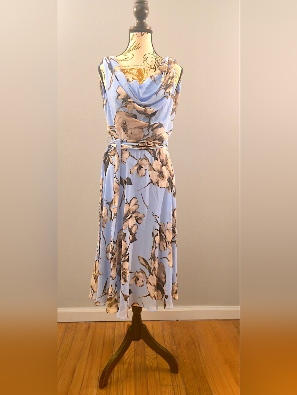 MSK Pale Blue Floral Cowl-Neck Midi Dress